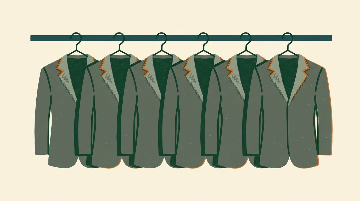 A row of identical gray wool suits hanging on wire hangers with frayed lapels.