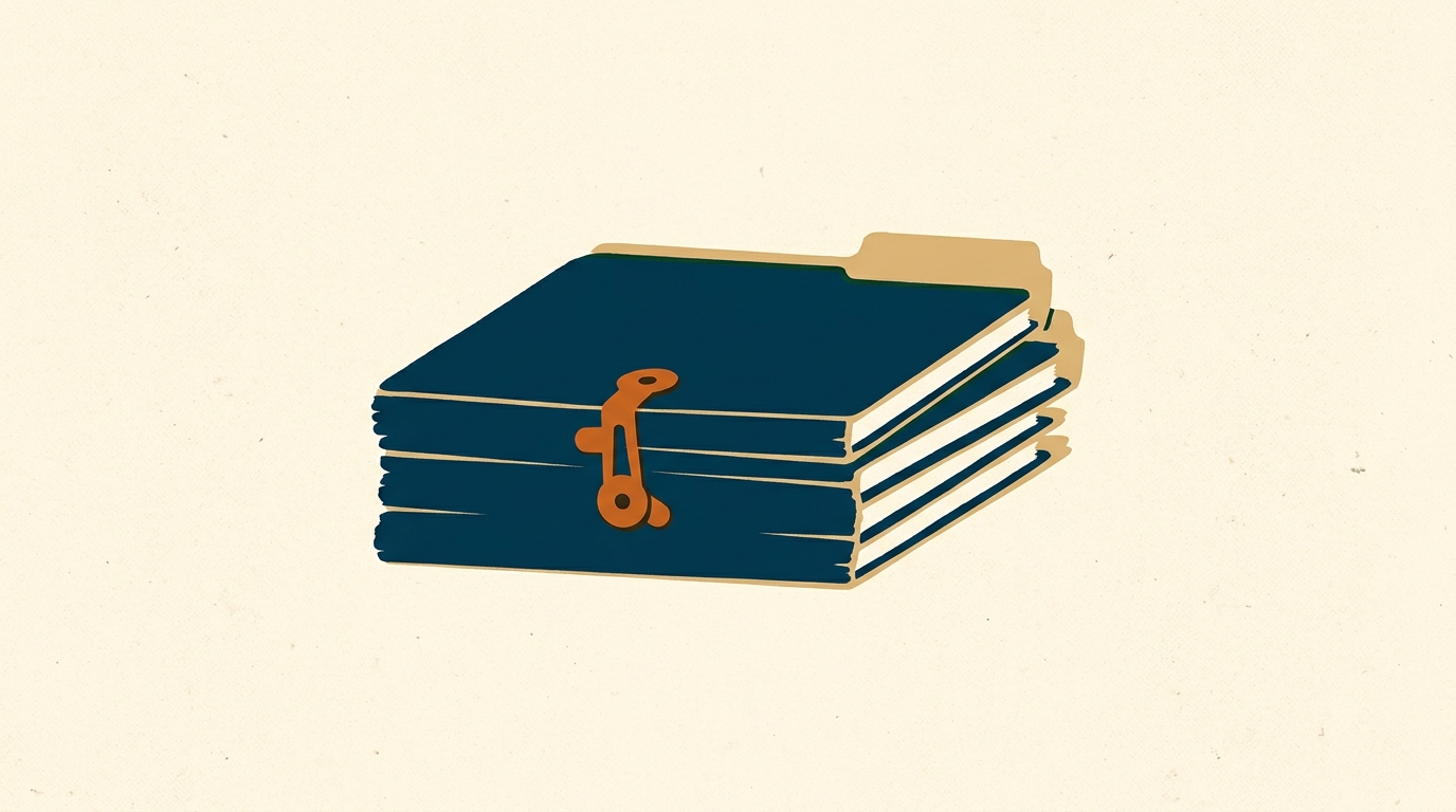 A stack of identical manila folders with frayed edges and rusted brass fasteners.