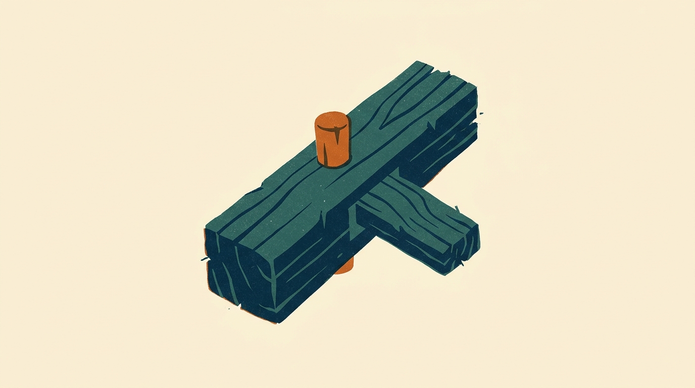 A hand-carved wooden joint with exposed grain, rough-hewn edges, and tiny splinters.