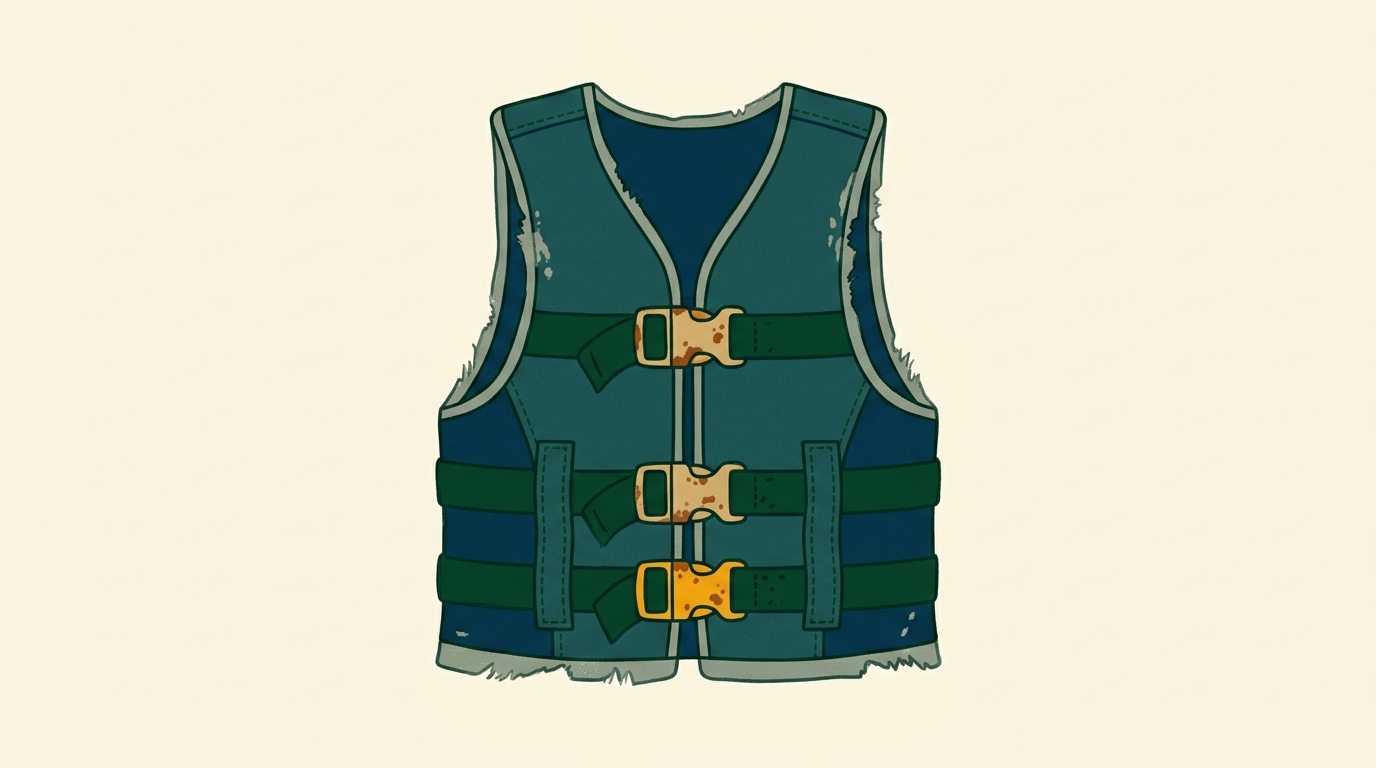 A worn life jacket with rusted metal buckles and frayed canvas edges