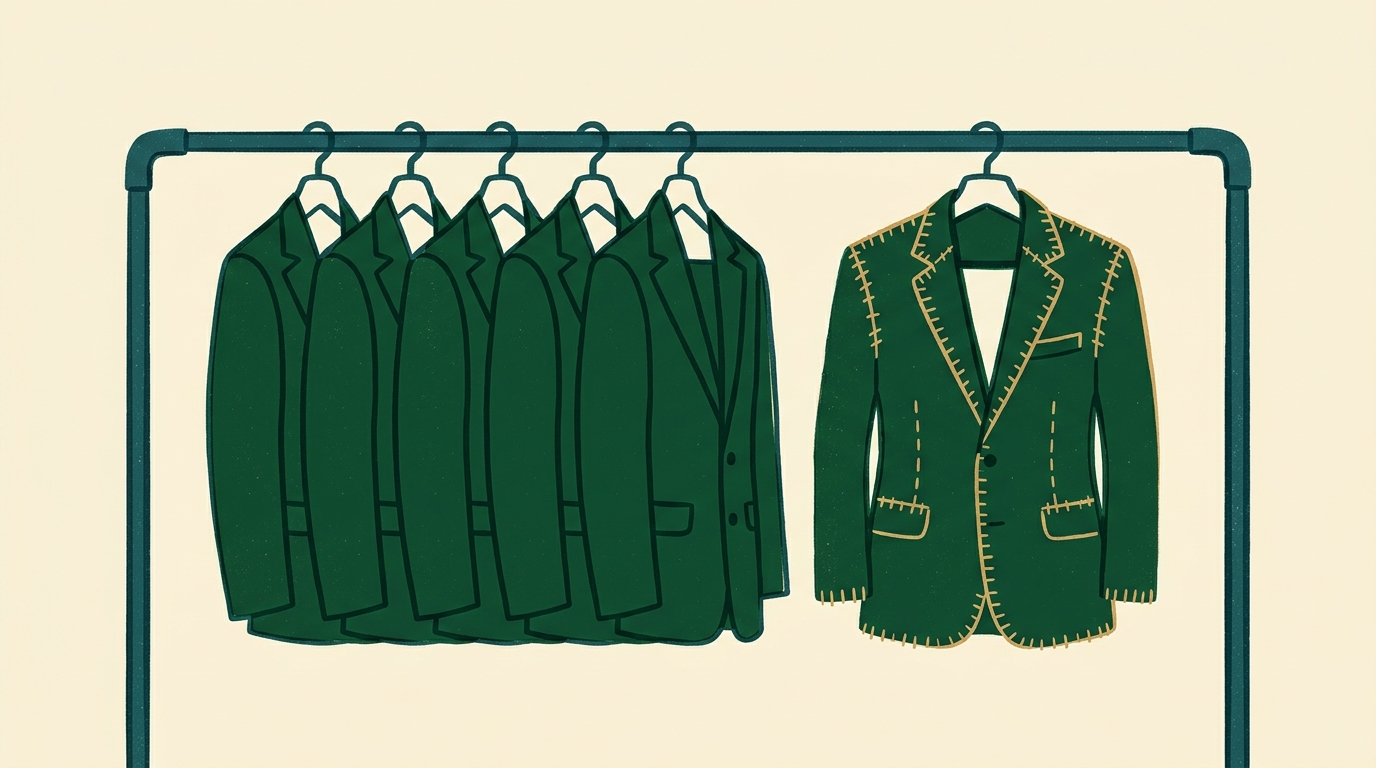 A rack of identical factory-pressed suits, with one featuring hand-sewn, uneven seams.