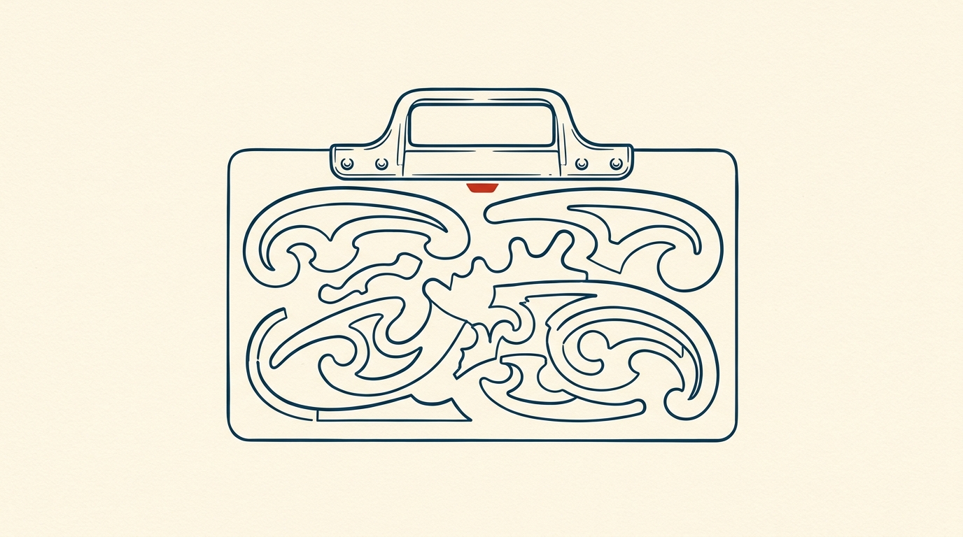 Illustration of a brass drafting stencil with chemically etched curves and a riveted steel handle