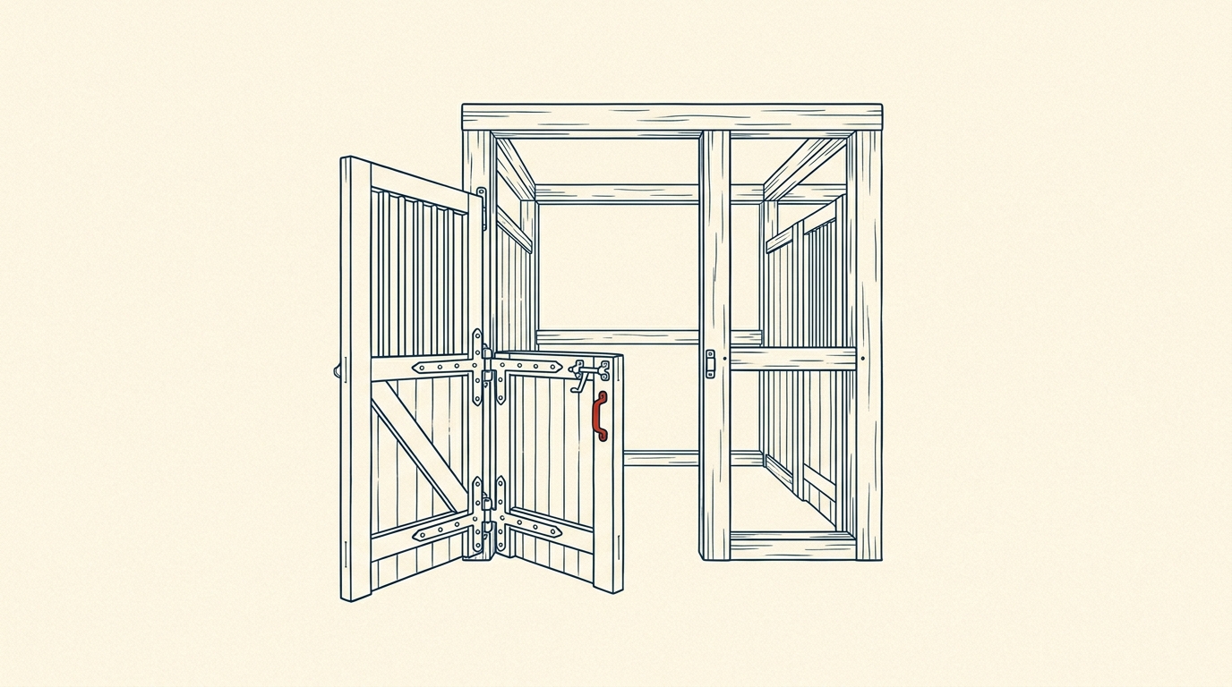 A row of wooden starting stalls with riveted hinges, one door already standing open.
