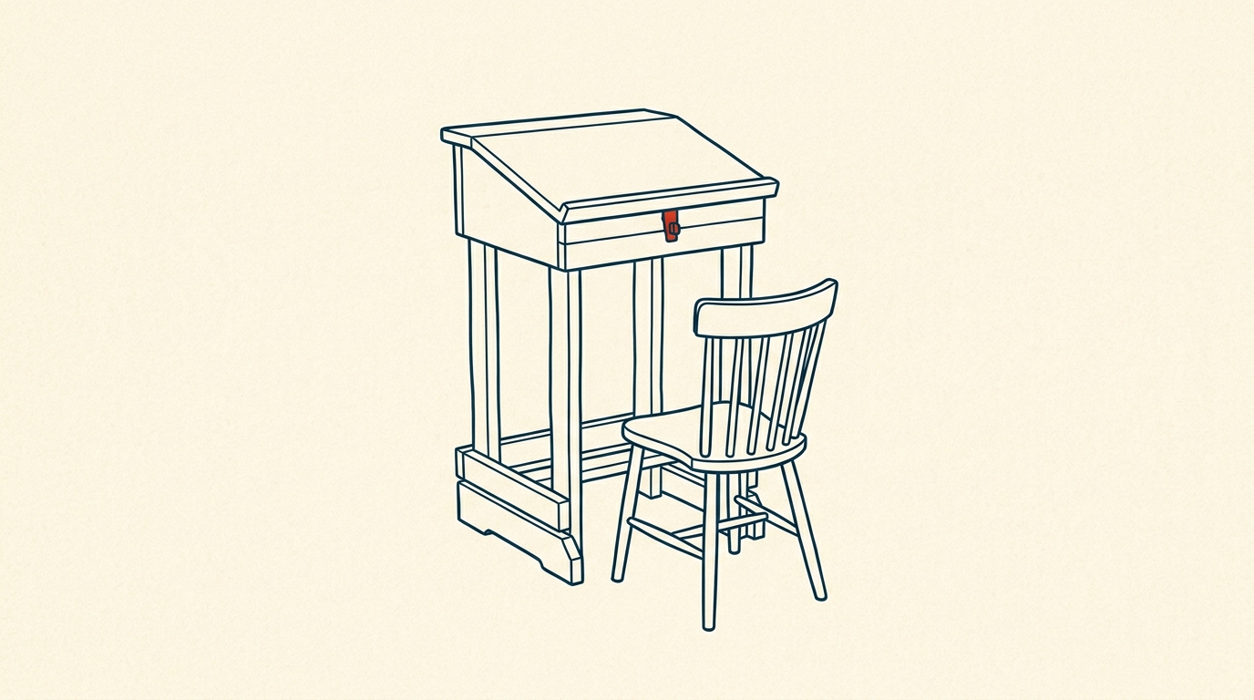A wooden lectern in an empty meeting room, with one chair pulled out to face it.