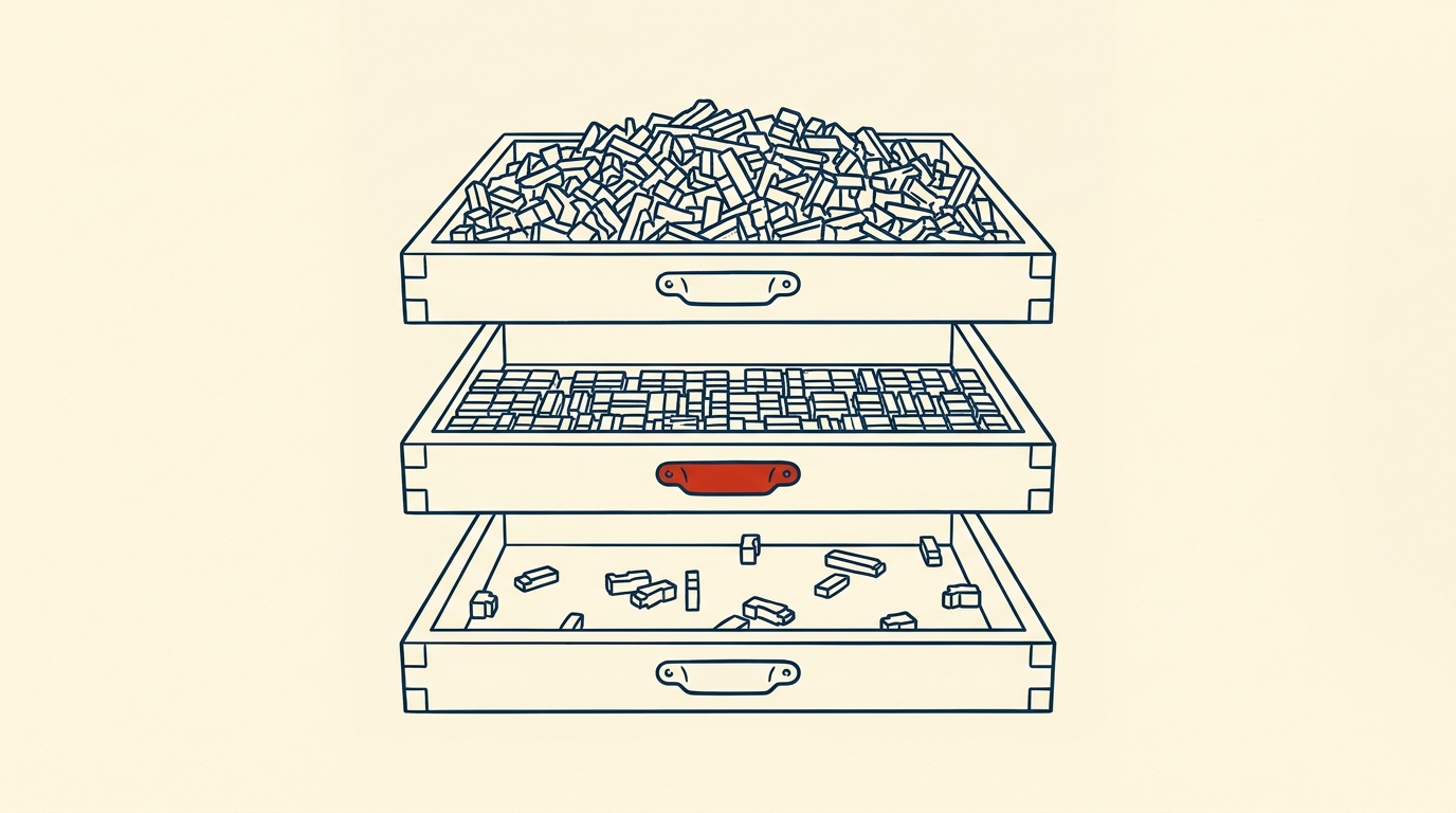 Three wooden trays of loose metal type letters: the first heaped full, the second half full, the third almost empty.