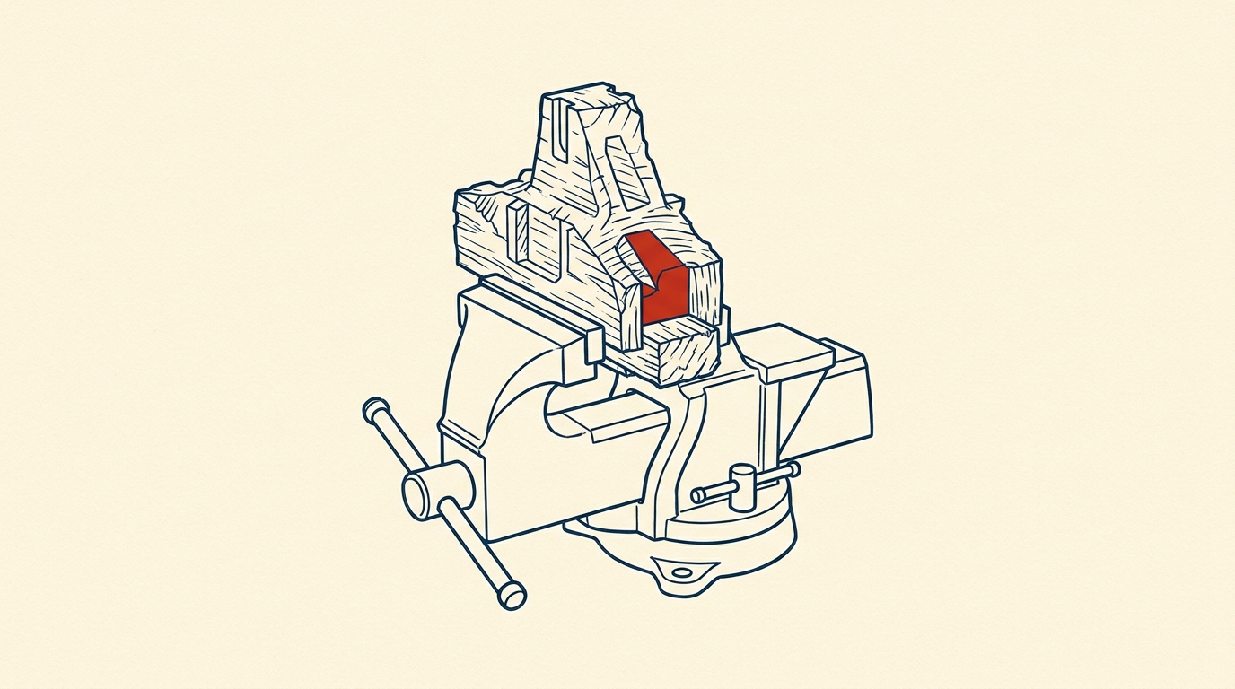 A carved wooden casting pattern held in a bench vise, with fresh chisel marks and wood shavings on the bench.