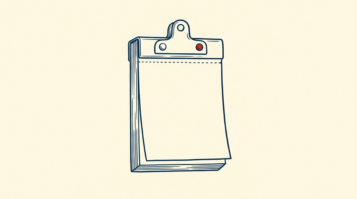A desk calendar with tear-off weekly pages fixed under a riveted metal clip.