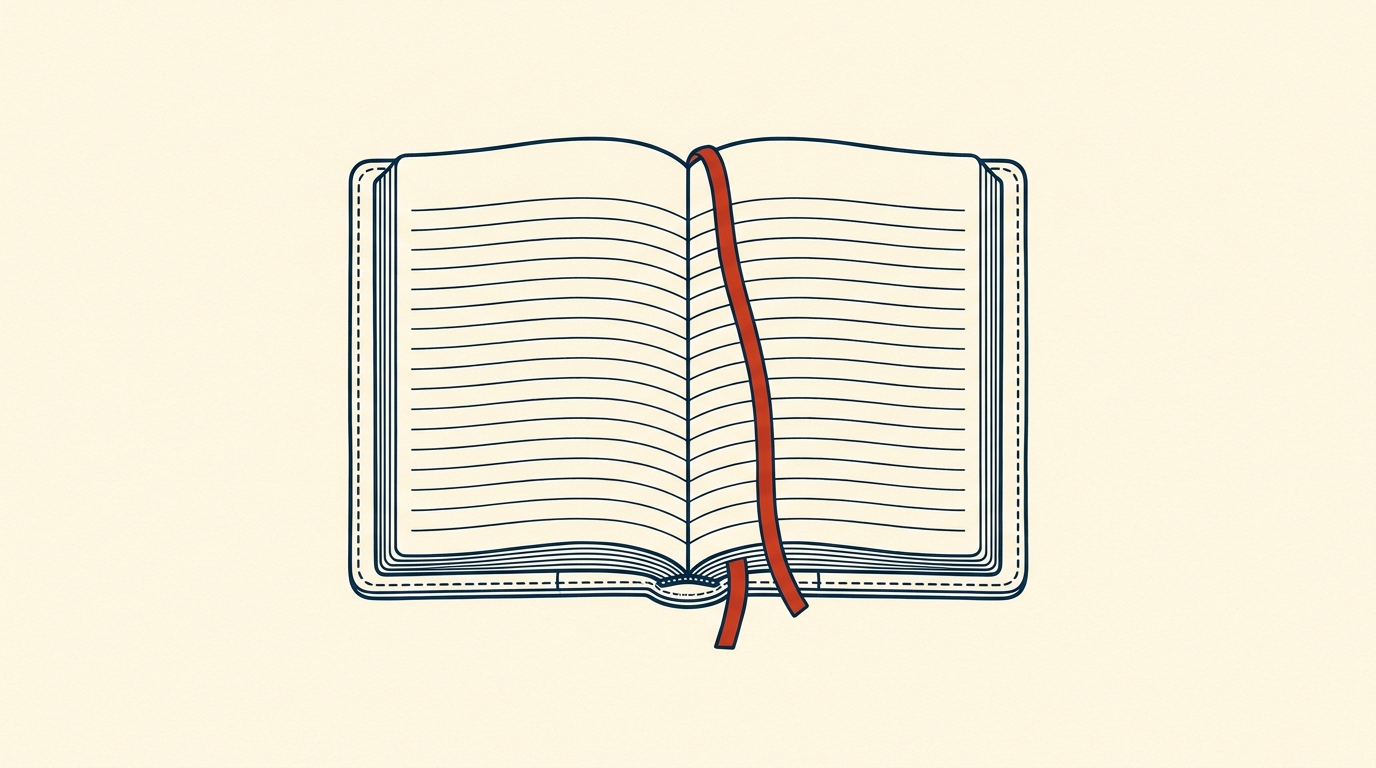 An open leather-bound ledger with stitched spine and a ribbon marker across a ruled page.